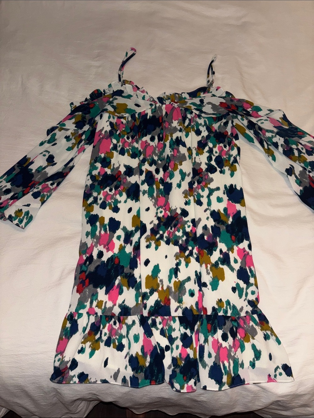 Cold-Shoulder Mini Dress in White with Pink & Teal Abstract Print